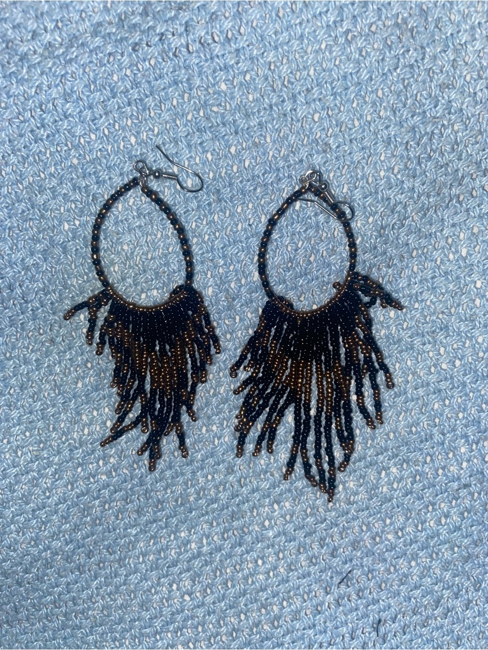 Artisan Black and Gold Beaded Fringe Hoop Earrings